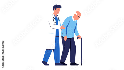 Compassionate Support: A young caregiver offers gentle assistance to an elderly man, symbolizing care and understanding. A poignant moment demonstrating the need for healthcare and well-being.