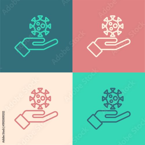 Pop art line Hand with virus icon isolated on color background. Corona virus 2019-nCoV. Bacteria and germs, cell cancer, microbe, fungi. Vector.
