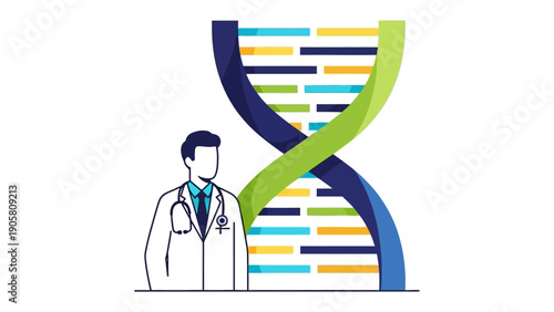 Genetic Insights: A doctor in a lab coat and stethoscope contemplates a colorful DNA double helix, the epitome of the science of genetics. 