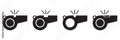 Black Whistle Icon Vector Set – Referee and Coach Signal Whistle Silhouette in Black and White, Sport Sound
 Alert Symbol Illustration Isolated on White Background