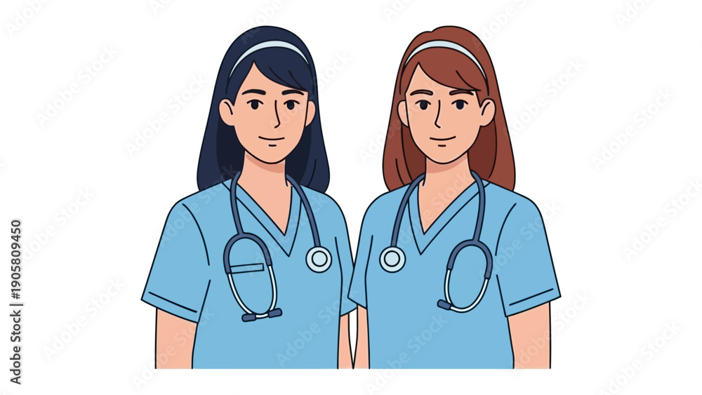 Fototapeta premium Healthcare Professionals: Two nurses, radiating competence and compassion, stand side by side, showcasing their dedication and empathy. Their scrubs and stethoscopes symbolize care. 