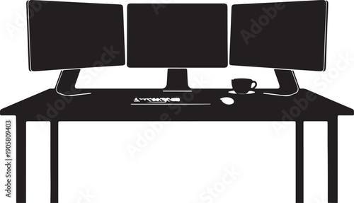 Minimalist black silhouette of a modern office desk with three monitors side by side, keyboard, mouse, and coffee cup, symbolizing multitasking, productivity, and ergonomic workspace design.