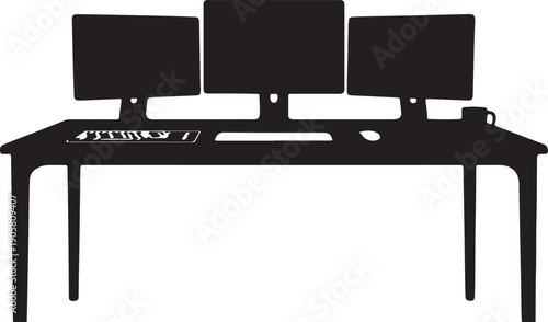 Minimalist black silhouette of a modern office desk with three computer monitors in a row, keyboard, mouse, and coffee mug, symbolizing productivity and multitasking workspace design.