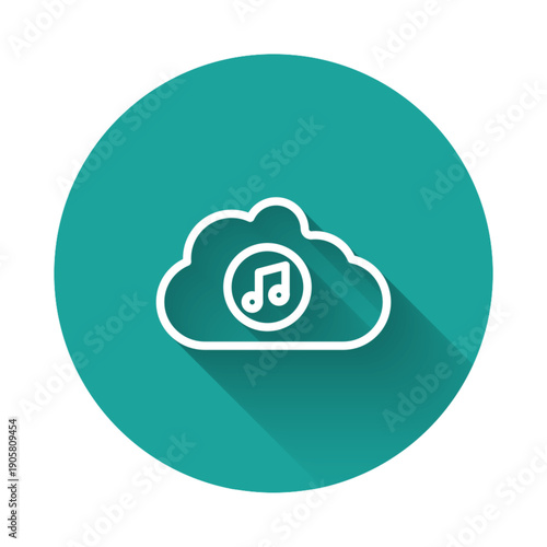 White line Music streaming service icon isolated with long shadow. Sound cloud computing, online media streaming, song, audio wave. Green circle button. Vector