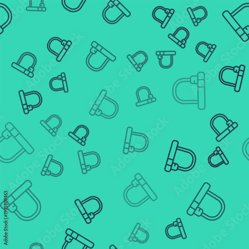Black line Bicycle lock U shaped industrial icon isolated seamless pattern on green background. Vector
