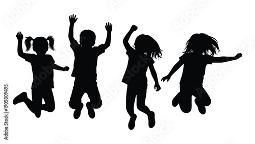 Silhouettes of joyful children jumping and celebrating in the air Vector