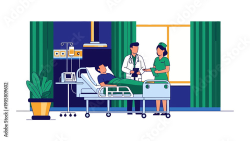 Patient Care in Hospital: Medical professionals provide compassionate care to a patient in a hospital room, utilizing advanced medical equipment.