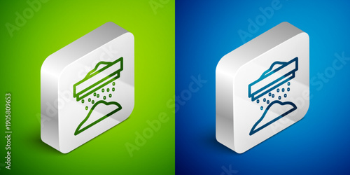 Isometric line Sifting flour, cereals or powdered sugar through sieve icon isolated on green and blue background. Silver square button. Vector