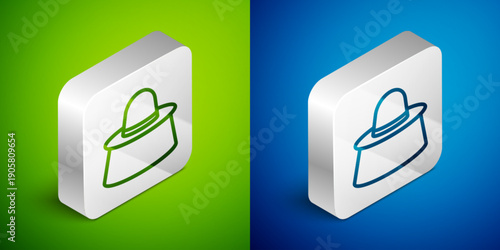 Isometric line Beekeeper with protect hat icon isolated on green and blue background. Special protective uniform. Silver square button. Vector