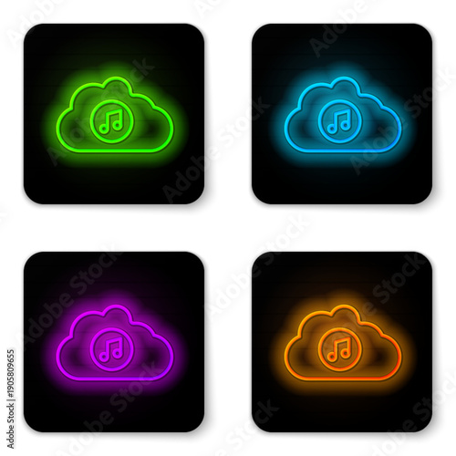 Glowing neon line Music streaming service icon isolated on white background. Sound cloud computing, online media streaming, song, audio wave. Black square button. Vector