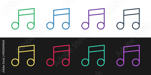 Set line Music note, tone icon isolated on black and white background. Vector