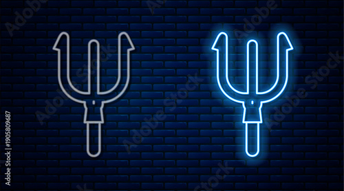 Glowing neon line Neptune Trident icon isolated on brick wall background. Vector