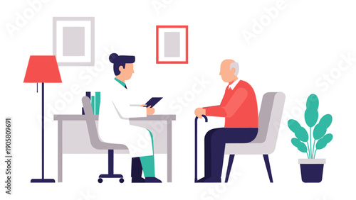 Consultation: A doctor engages in a thorough consultation with a senior patient, offering reassurance and professional medical attention. The scene is clean, safe, and promotes well-being and trust.