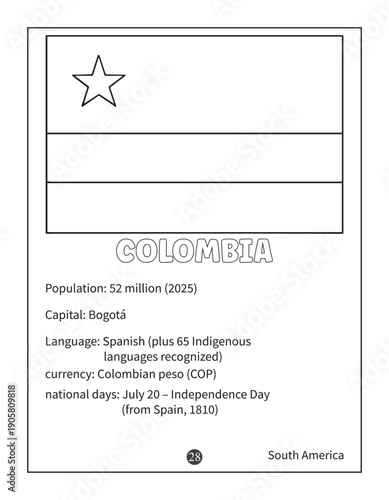 Colombia Flag Coloring Page with Country Facts for Kids