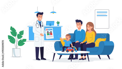 Medical Consultation: A comforting illustration shows a doctor interacting with a family in a clinic setting, representing trust and care.
