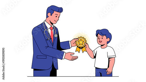Doctor's Reward: A compassionate doctor bestows a golden award upon a young patient, celebrating their bravery and resilience. Depicting a moment of trust and care.