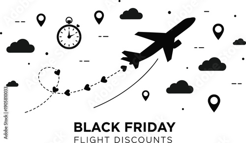 Black Friday flight discounts, airplane silhouette design, travel deals vector, holiday shopping artwork, promotional graphic illustration, flat vector icon, travel sale