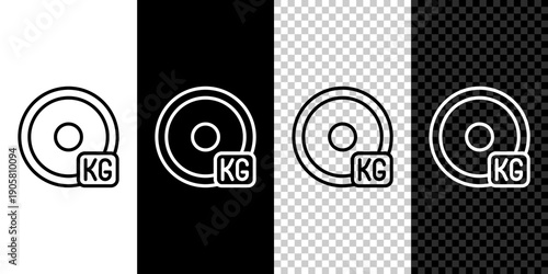 Set line Weight plate icon isolated on black and white, transparent background. Equipment for bodybuilding sport, workout exercise and fitness. Vector