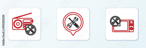 Set line Microwave oven service, Radio and Location icon. Vector