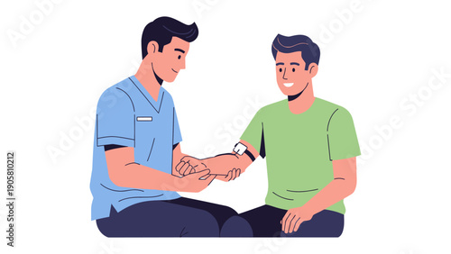 Healthcare check: A healthcare professional examines a patient's arm to measure vital signs, highlighting the care and attention in a medical setting.