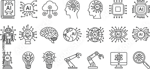 Artificial intelligence technology line icon set featuring neural networks machine learning robotics data processing cloud computing and digital brain automation concepts