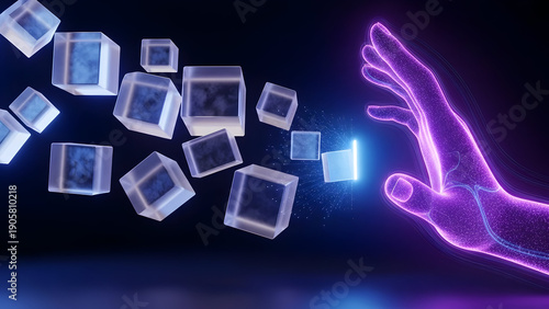 Glowing hand interacts with futuristic cubes in dark space