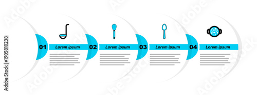 Set line Cooking soup in pot, Spoon, Kitchen whisk and ladle icon. Vector