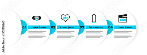 Set line Movie clapper with Sex, Condom safe sex, 18 plus content heart and Silicone ball gag icon. Vector