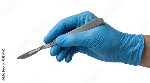 Bilde på lerret Gloved hand holding a metal scalpel in surgical grip