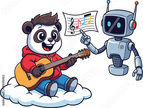 Cute panda playing guitar with friendly robot teaching music notes representing creativity technology education cartoon illustration
