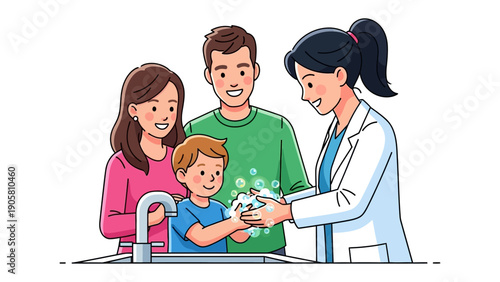 Washing Hands: A healthcare professional guides a child in proper handwashing technique as a family observes, emphasizing hygiene.
