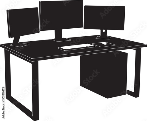 Minimalist black silhouette of a modern office desk with three computer monitors in semi‑circle, keyboard, mouse, and tower, symbolizing productivity and multitasking workspace design.
