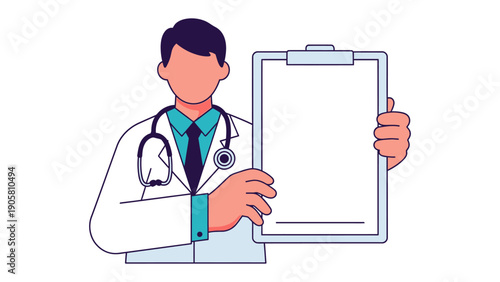 Medical Professional: A healthcare provider in a white coat, stethoscope, and tie, presenting a blank clipboard, embodies expertise and care, creating a welcoming and reassuring feel.