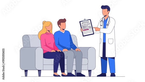 Consultation: A healthcare professional presents test results to a couple in a comforting setting, symbolizing patient care and medical progress.