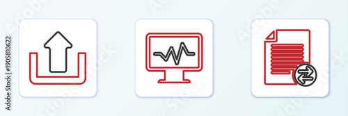Set line Transfer files, Upload and Monitor with cardiogram icon. Vector