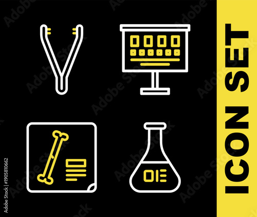 Set line Eye test chart, Test tube and flask, X-ray shots and Medical tweezers icon. Vector