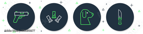 Set line Cartridges, Dog, Pistol or gun and Hunter knife icon. Vector