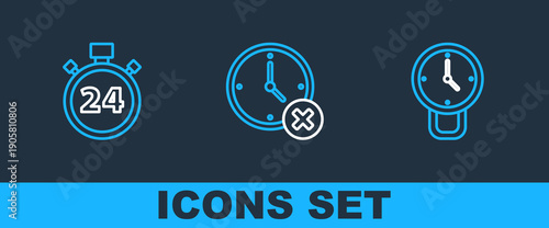 Set line Clock, Stopwatch 24 hours and delete icon. Vector