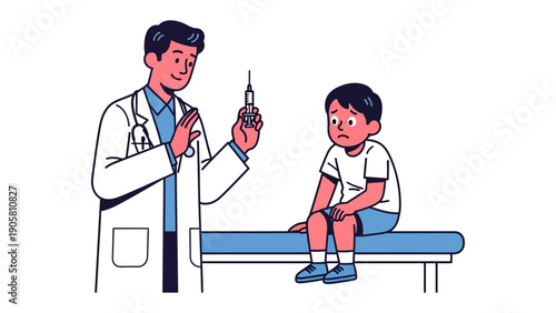 A Visit to the Clinic: A caring doctor prepares an injection for a child in a sterile clinical setting, promoting health, well-being, and care. 