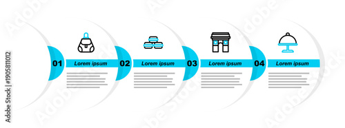 Set line Covered with tray, Triumphal Arch, Macaron cookie and Handbag icon. Vector