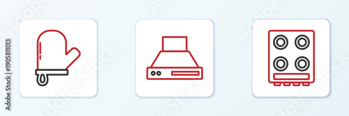 Set line Gas stove, Oven glove and Kitchen extractor fan icon. Vector