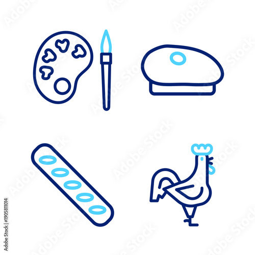 Set line French rooster, baguette bread, beret and Paint brush with palette icon. Vector