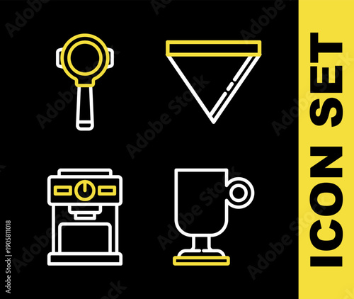 Set line Coffee paper filter, Irish coffee, machine and holder icon. Vector