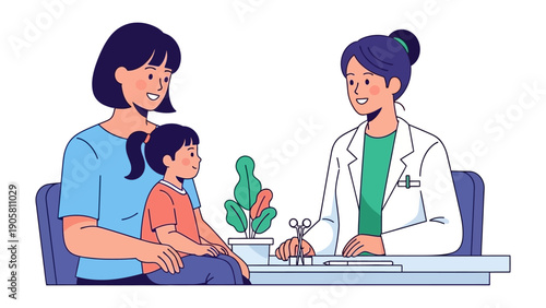Health Consultation: A mother and child engage in a warm consultation with a compassionate healthcare provider, fostering trust and well-being.