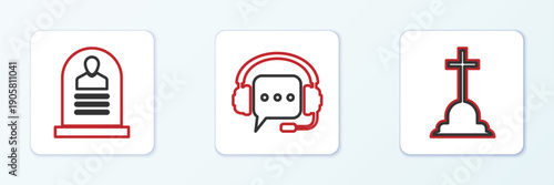 Set line Tombstone with cross, RIP written and Headphones speech bubble icon. Vector