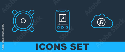 Set line Music streaming service, Stereo speaker and player icon. Vector
