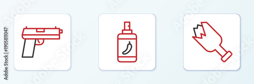 Set line Broken bottle as weapon, Pistol or gun and Pepper spray icon. Vector