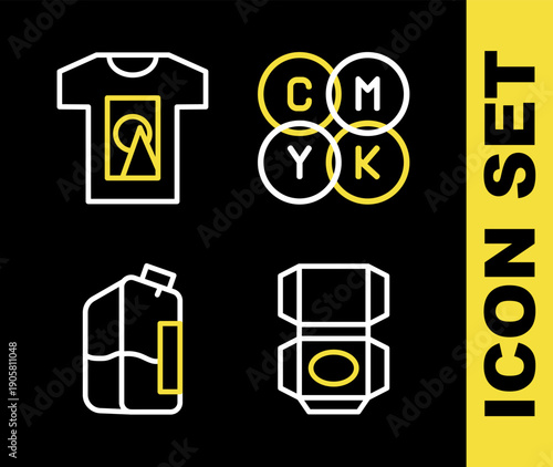 Set line CMYK color mixing, Carton cardboard box, Printer ink bottle and T-shirt icon. Vector