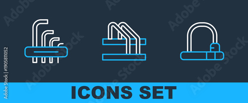 Set line Bicycle lock, Tool allen keys and parking icon. Vector
