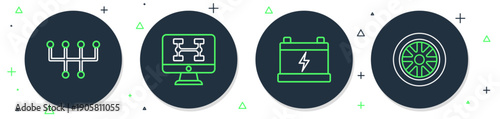 Set line Diagnostics condition of car, Car battery, Gear shifter and wheel icon. Vector